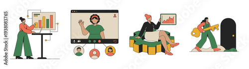 Flat Vector Business Productivity Illustration Asset Sheet for Remote Work and Growth Strategy