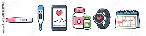 Collection of health and wellness icons including pregnancy test, thermometer, and fitness tracker