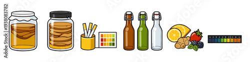 Kombucha brewing process illustrated with ingredients, equipment, and testing tools