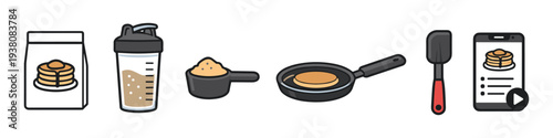 Pancake making process from ingredients to cooking and recipe on phone