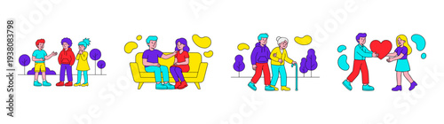 Flat Vector Empathy and Support Character Asset Sheet for Community Care and Mental Health Awareness