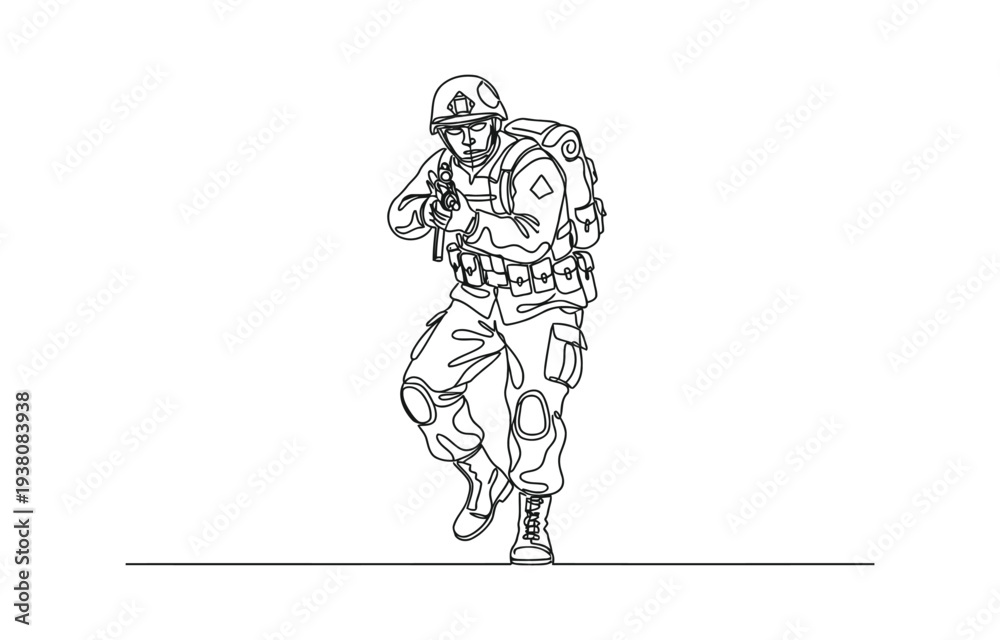 Fototapeta premium Single one line drawing female soldier stands with celebrate gesture, weapon and full uniform serving country with strength of military forces.
