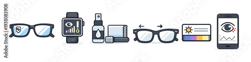 Eyewear technology icons: vision care, smart glasses, and eye health monitoring