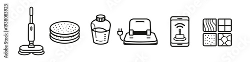 Set of icons representing smart floor cleaning tools and accessories