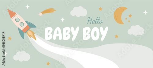 A bright banner for a newborn boy with a rocket, clouds, and stars.