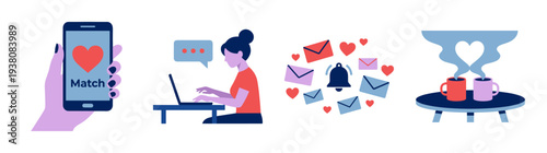 Flat Vector Online Dating and Virtual Romance Element Kit for Modern Relationship and Digital Communication Themes