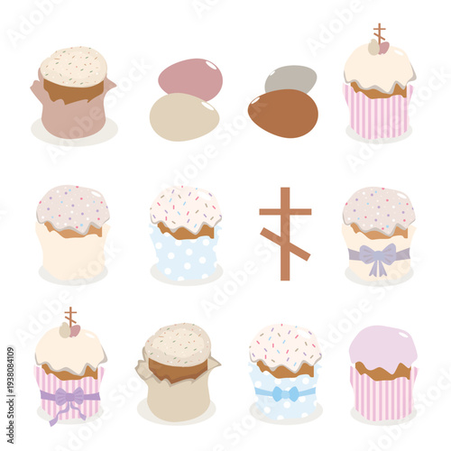 Easter cakes and eggs vector set. Traditional kulich with icing, sprinkles, bows and wrapper, Orthodox cross and painted eggs. Cute pastel holiday bakery elements isolated on white background.