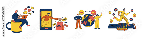 Flat Vector Lifestyle and Digital Connectivity Illustration Set for Modern Technology and E-commerce Graphics