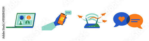 Flat Vector Communication and Networking Element Kit for Remote Workspace and Digital Connectivity