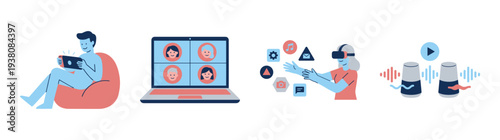 Flat Vector Modern Digital Lifestyle Graphic Set for Remote Connectivity and Virtual Reality Entertainment