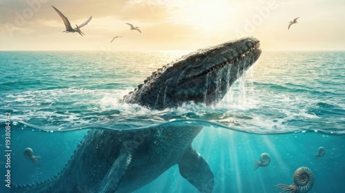 Mosasaurus marine reptile emerging from prehistoric ocean at sunset