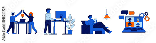 Flat Vector Remote Work and Collaborative Productivity Graphic Set for Hybrid Office Business Theme