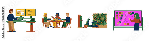 Flat Vector Modern Workspace and Sustainable Lifestyle Graphic Set for Corporate Wellness and Productivity