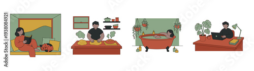 Flat Vector Cozy Lifestyle Activities Graphic Set for Wellness and Work Life Balance Branding