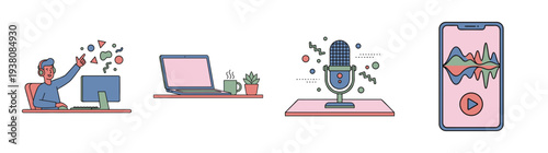 Flat Line Art Podcast and Digital Content Creation Element Kit for Modern Media Production