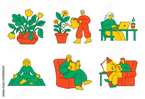 Flat Vector Lifestyle and Wellness Character Illustration Set for Mental Health and Productivity Content