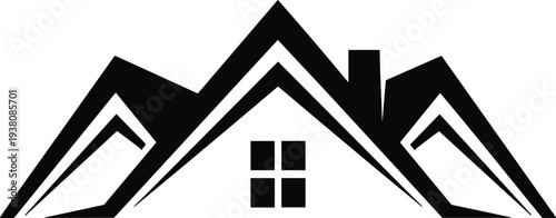 Mountain house logo silhouette vector illustration, black home inside peak roof lines with chimney window for real estate cabin nature property designs