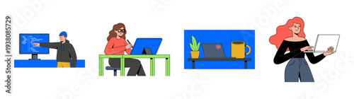 Flat Vector Remote Work and Software Development Character Illustration Set for Tech Startup Branding