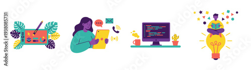 Flat Vector Remote Work and Creative Process Illustration Set for Digital Marketing and Freelance Business