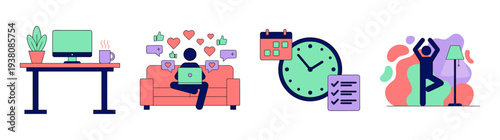 Flat Vector Remote Work and Wellness Element Kit for Lifestyle Productivity Branding