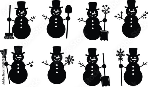 Snowman silhouette collection, winter snowman characters with broom shovel and snowflake branches, christmas holiday decoration vector illustration set