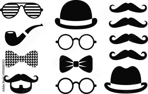 Vintage gentleman accessories silhouettes set, moustache hats glasses bow tie pipe icons, retro hipster style vector illustration collection