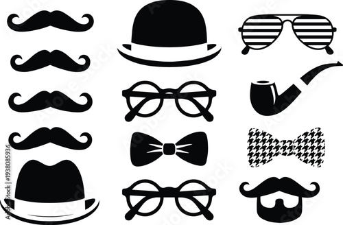 Vintage gentleman accessories silhouettes set, moustache hats glasses bow tie and pipe icons, retro hipster vector illustration collection