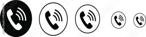 Ringing phone call icon set vector illustration, black handset with signal waves in filled outlined circle sizes for incoming alert UI contact designs