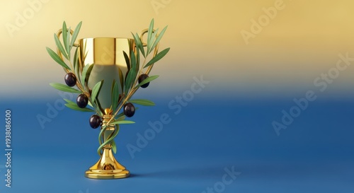 A luxurious gold trophy decorated with realistic green olive branches and ripe black fruit, celebrating excellence in Mediterranean cuisine, achievement, agriculture, culinary