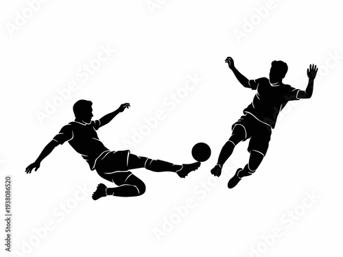 Two Soccer Players Silhouette Action with Ball isolated on white background