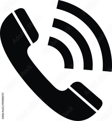 Ringing telephone handset icon vector illustration, black phone receiver with signal waves for incoming call alert customer service hotline UI designs