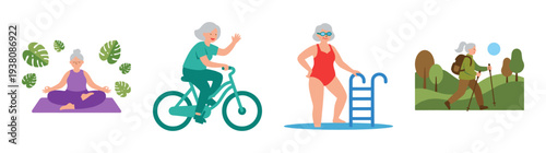 Flat Vector Active Senior Woman Lifestyle Illustration Set for Healthy Aging and Wellness Campaigns