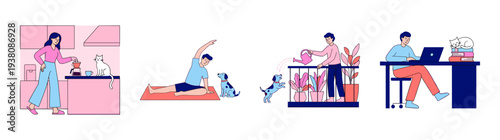 Flat Vector Lifestyle and Productivity Character Element Kit for Remote Work and Wellness Design