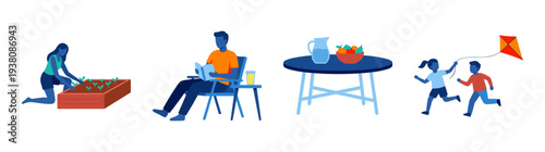 Flat Vector Outdoor Lifestyle Character Element Kit for Summer Backyard Activity and Family Wellness Graphics