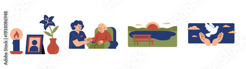 Flat Vector Hospice Care and Bereavement Support Graphic Set for End of Life Services