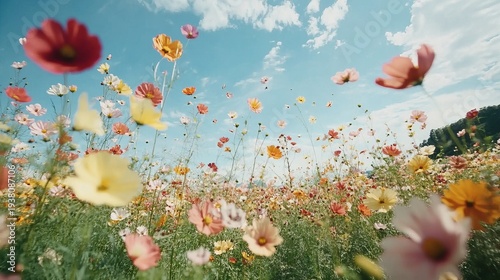 Vibrant flowers in a colorful meadow under a bright blue sky, showcasing the beauty of nature.