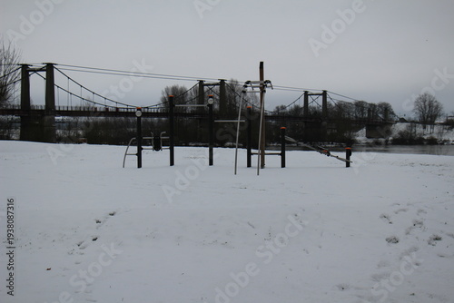 Outdoor sports field. Green space. Outdoor sports field under the snow