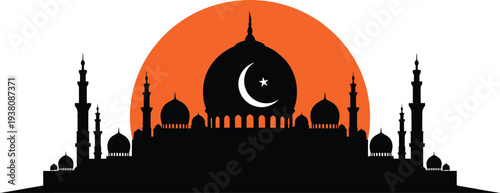 Mosque silhouette with crescent moon and star vector