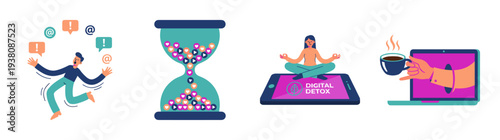 Flat Vector Digital Wellness and Social Media Burnout Graphic Set for Mental Health Awareness