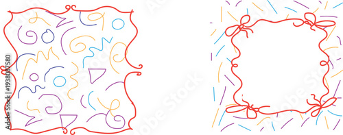  set of whimsical, hand-drawn doodle frames featuring red ribbons, swirls, and decorative bows. These illustrations are commonly used for quirky holiday, wedding, or birthday gift decorations