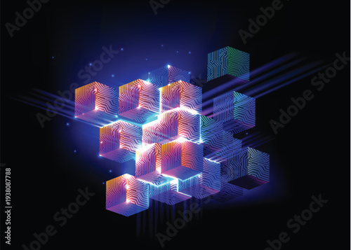 Abstract labyrinth structure made of glass tubes with neon gradient, isolated on black background. Puzzle maze with holographic effect. Digital 3D illustration 