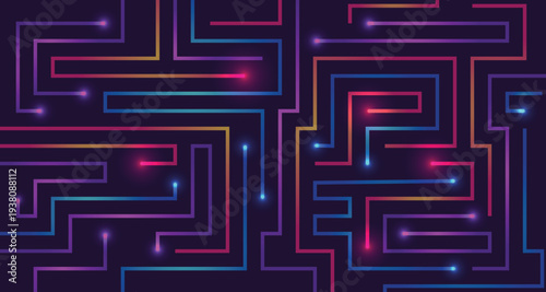 Abstract labyrinth structure made of glass tubes with neon gradient, isolated on black background. Puzzle maze with holographic effect. Digital 3D illustration 