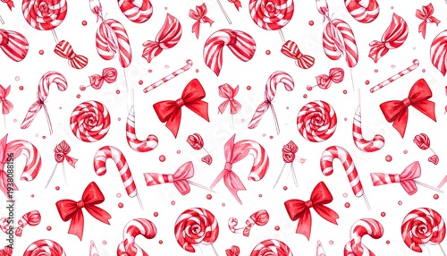 Sweet red and white candy and bow pattern on white