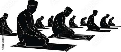 Muslim Men Praying on Prayer Rugs Vector Illustration