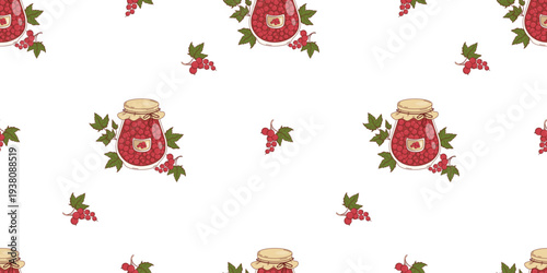 Seamless Pattern with Homemade Red Currant Jam in Glass Jar with Craft Paper Lid on White Background. Horizontal Fruit template. Vector Illustration