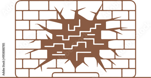 Brown cracked brick wall texture with broken plaster and crumbling masonry  damaged building facade with fractured surface