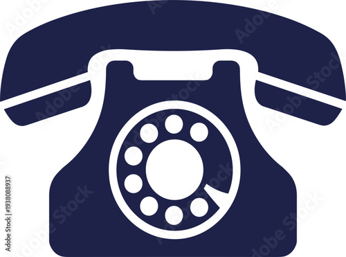 Classic retro rotary telephone icon vector illustration, dark navy blue vintage phone silhouette with dial cord cradle for contact communication hotline designs