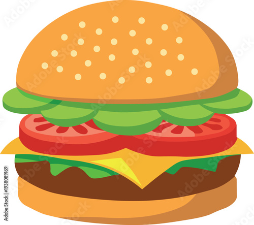 Delicious cheeseburger with lettuce tomato and sesame seed bun vector illustration