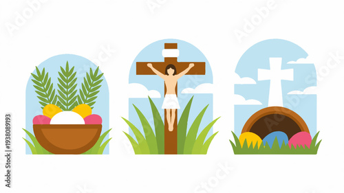 Easter icons set with crucifix basket and decorated eggs in grassy landscape with crosses