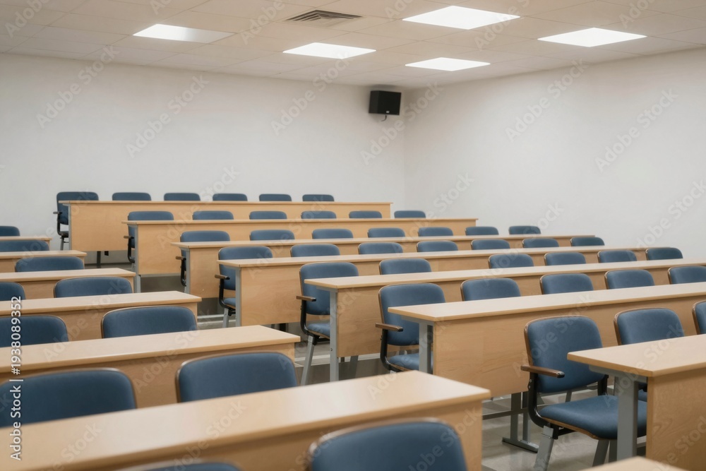 Fototapeta premium Empty Lecture Hall with Rows of Desks